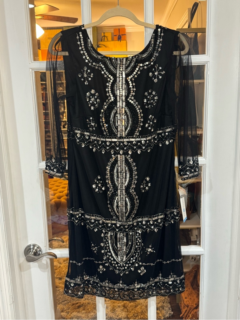 🪙🔲◾️STUNNING Black Embellished Bling Beaded Long Sleeve Cocktail Dress ◾️🔲🪙 - Picture 3 of 10